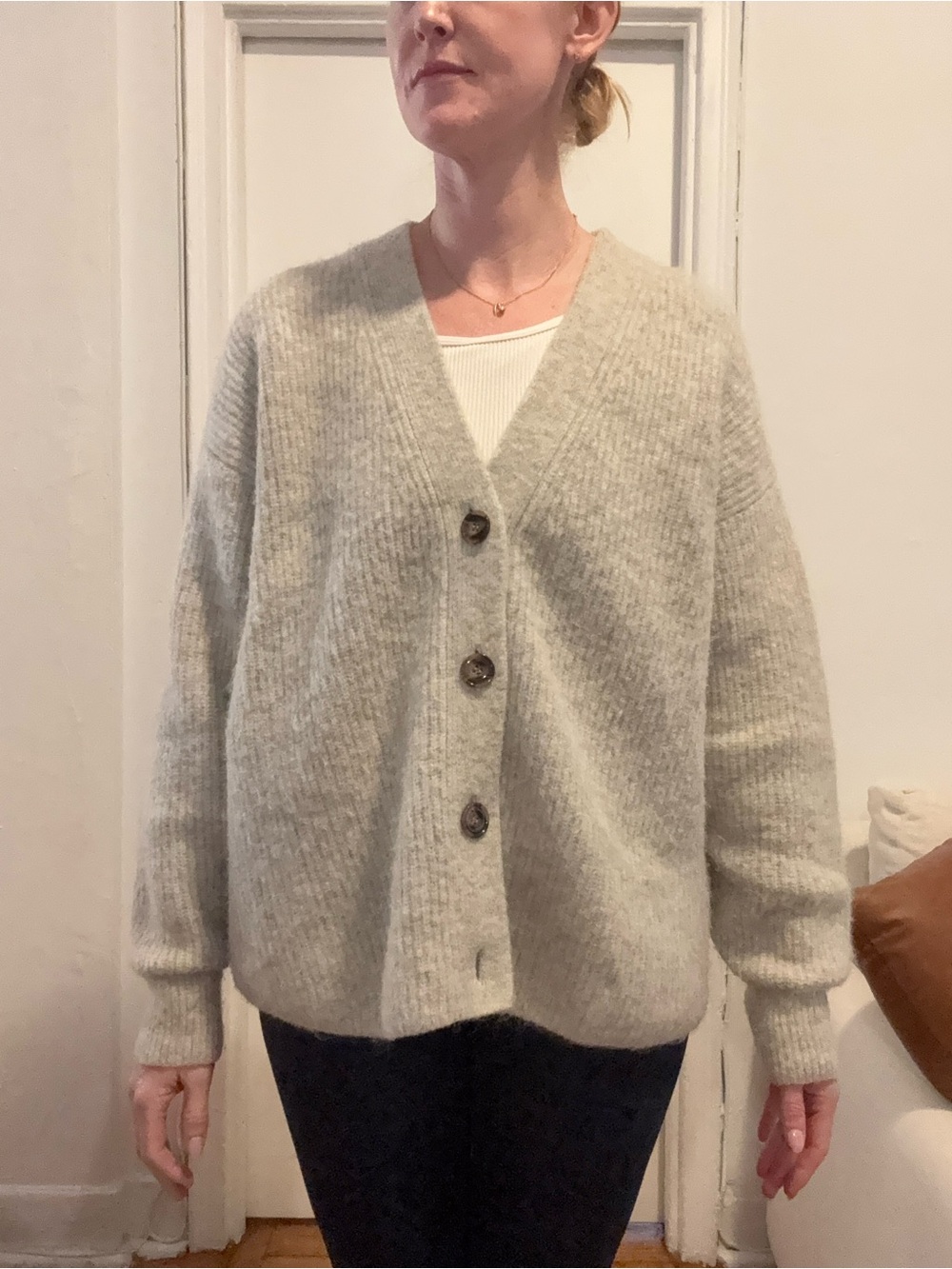 Relaxed V-Neck Button Cardigan - Light Gray